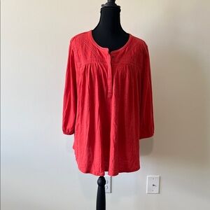 Lucky Brand Women's Coral Red Blouse with buttons and embroidery Size 3X